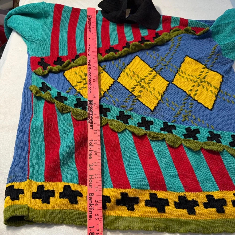 90s Vintage Retro Ann Wi Geometric Argyle Striped Knit Polo Sweater Large Beaded - Picture 14 of 15